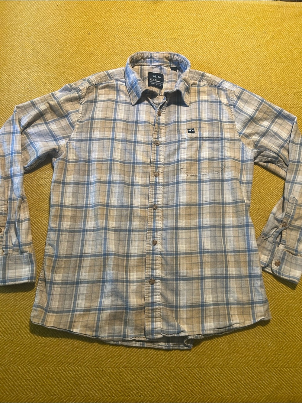 Men's Fish Hippie Plaid Button-Down Shirt in Blue and Tan by Unknown
